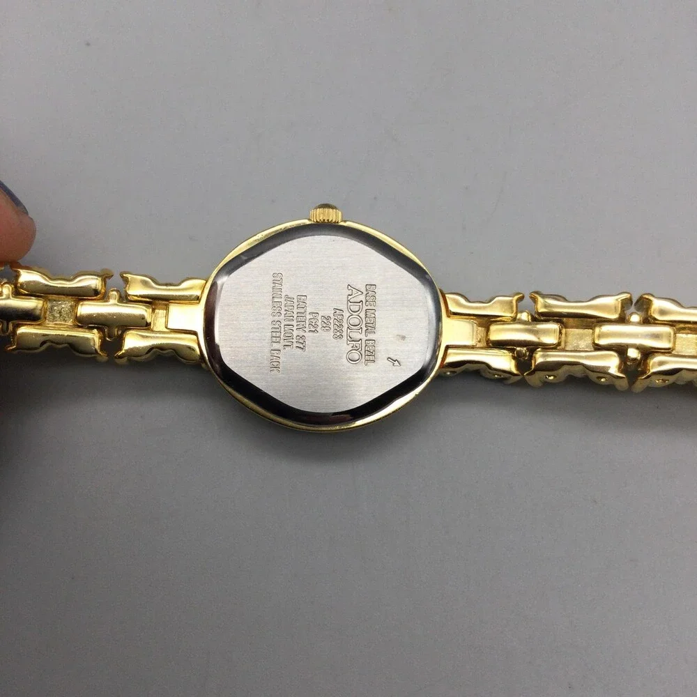 Adolfo Womens Watch 17mm Ovall Gold Tone Crystal Bracelet New Battery 6.5